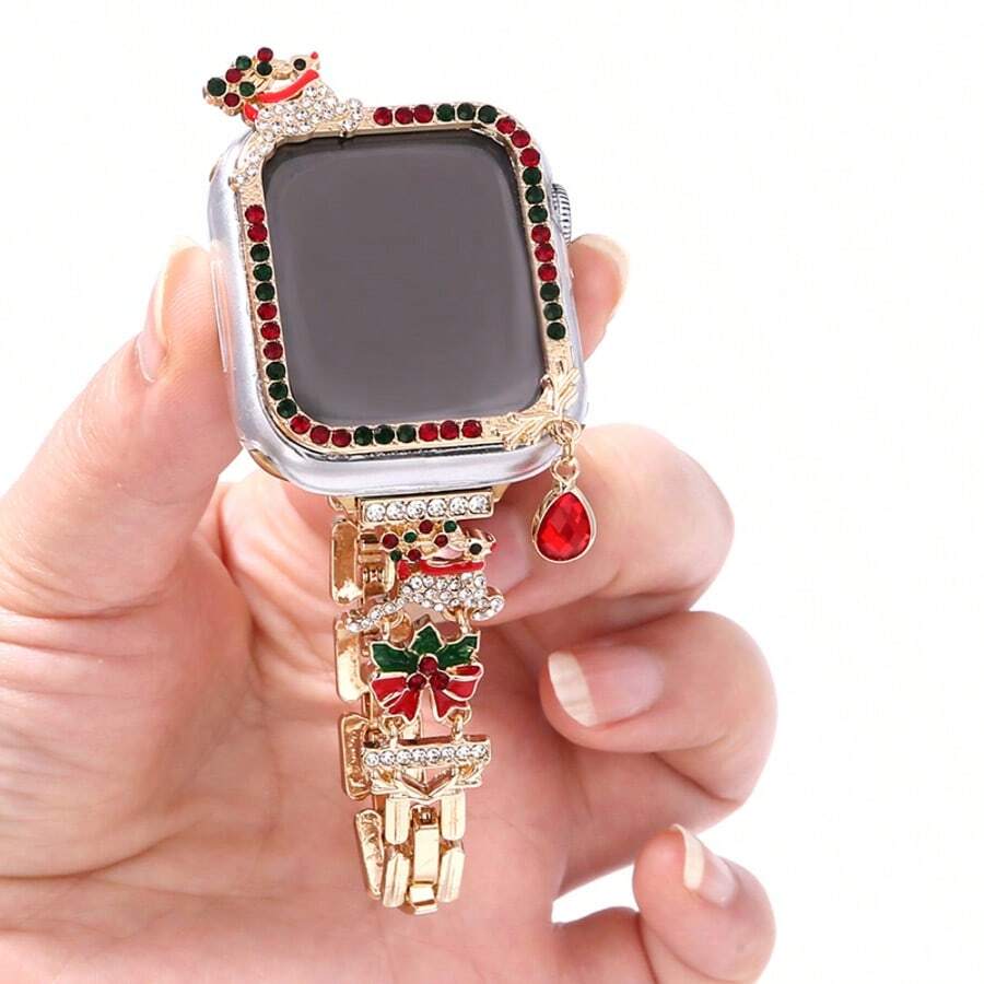 1 Stück Weihnachts-Uhrenarmband/-Gehäuse kompatibel mit Apple Watch SE/8/7/6/5/4 Serie 40/41mm und 44/45mm, einzigartiges Hohldesign mit PC-Hartschalenmaterial + farbigem Strass-Metallrahmen - Direkter Touchscreen ohne Verzögerung, leicht und langanhaltend, Metallarmband mit verstellbarem Faltschließe, tolles Geschenk - Uhren-Zubehör (nicht als Set, Uhrengehäuse und Armband separat erhältlich)