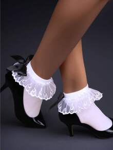 1 Pair Spring, Summer & Autumn Lace Bow Decor Low Cut Socks, Short Socks, Velvet Medium Thick Short Socks For Women, Casual Daily & School Commute Outfits, Halloween & Christmas Festive Outfits