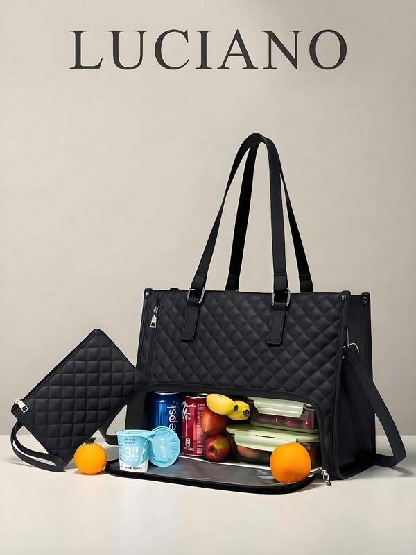 Handbag, 15.6-Inch Computer Storage Space+Insulated Lunch Compartment, Large Capacity Quilted/Diamond Grid Splicing Design, Suitable For Commuting, Returning To School, Picnicking, Fitness, Business, Nursing, Office Crowd Use, Can Be Slung Over, Waterproof, Refrigerated And Fresh, Suitable For Bento Box Storage, Short Distance Travel, Camping, Parent-Child Travel