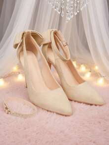 Ziheels Fall Shoes For Women Elegant Closed Toe Heels Cut Out Stiletto Heels Bow Knot Pumps Ankle Strap Dress Shoes For Evening Prom - 杏色 - 查看 6