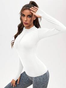 SHEIN Sports 女士纯色半拉链紧身运动卫衣 - 白色 - 查看 4