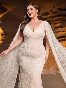 Faeriesty Haute Glamour Plus Elegancka Suknia Syrena z Koralikami, Dekoltem w Serek i Rękawami Do Podłogi - Luksusowa Formalna Suknia na Jesień Zimę Na Czerwony Dywan, Śluby I Gale, Strój Noworoczny - Szampan - Zobacz 6