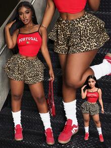 Mobula Sound#时尚休闲性感豹纹牛仔荷叶边/褶边细节双层喇叭牛仔短裤，适合日常穿着、旅行、机场穿着 - 棕色 - 查看 9