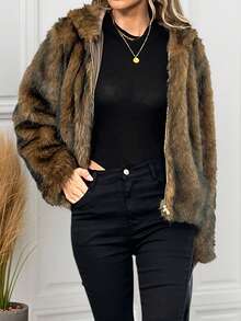 Damen Lässig Reißverschluss Kapuzenjacke mit Kunstfell, Streetstyle für den Alltag, Herbst/Winter