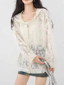 法式蕾丝拉链连帽薄款开衫，休闲轻薄长袖外套，适合春夏季 - 杏色 - 查看 8