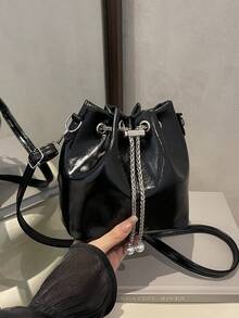 Mini Solid Color Rhinestone Fashion Evening Bag, Glittering Sequin Drawstring Bucket Bag With Metal Chain, Suitable For Party & Outdoor, Women - Black - View 1