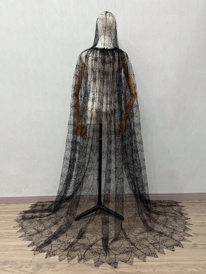 1pc Black Spider Web Lace Hooded Wedding Halloween Party Long Cape