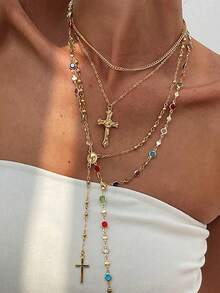 4pcs/Set Vintage Gold Metal Jesus Cross Y-Shaped Long Necklace, Boho Colorful Crystal Pendant Necklace Set, Suitable For Women Daily & Holiday Wear, Gift For Friends (Handmade Length Adjustable, Random Glass Crystal Colors And Bead Quantities) - 4-piece Set 2 - View 5