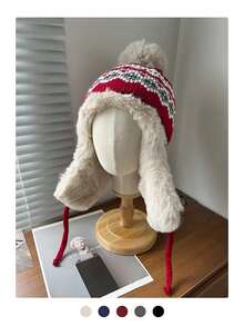 1顶复古提花针织帽，女士保暖保暖内衬飞行员帽/乌沙卡帽，适合冬季骑行滑雪，加厚针织帽带绒球 - 彩色 - 查看 4