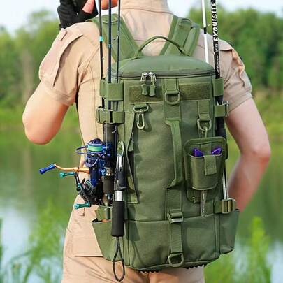 PSKOOK Mochila de pesca multifuncional con portacañas, bolsa de aparejos para almacenamiento de equipos de pesca, mochila MOLLE para camping, senderismo y deportes al aire libre