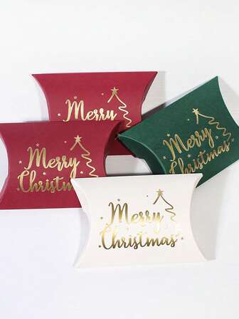 10pcs Christmas Pillow Gift Boxes With Golden Foil Letter, Red & White & Green Christmas Themed Design, Festive Holiday Packaging Boxes For Gifts, Christmas Decor Christmas Christmas Decorations Christmas Pajamas Christmas Gifts Christmas Decor