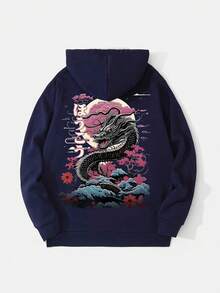 Krometka Men's Autumn/Winter Black Dragon & Cherry Blossom Print Hoodie, Unique Japanese Style - Navy Blue - View 5