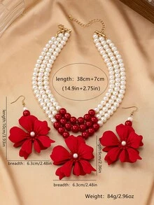 3 件套女士首饰套装，红花三层珍珠项链和耳环套装，波西米亚复古优雅时尚配饰，适合送礼、派对、宴会和日常佩戴 - 紅色 - 查看 4