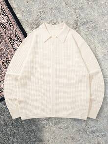 Lookun Men's New Autumn/Winter Casual Loose Minimalist Solid Color Waffle Knit Warm Tone Korean Style Versatile Commuter Button Polo Collar Cardigan Long Sleeve Knit Jacket - Apricot - View 6