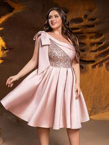 Faeriesty Curve Plus One-Shoulder Midi Party Dress With Large Bow, Sparkling Sequin From Chest To Waist & Adjustable Back Strap – Voluminous Sheer Skirt, Sleek Silhouette For Galas, Red-Carpet Events & Upscale Gatherings