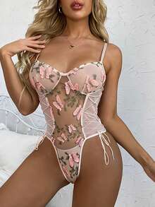 Women Sexy Lace Up Floral Butterfly Embroidered Teddy Lingerie Bodysuit Snap Crotch Mesh Sheer One Piece - 粉色 - 查看 5
