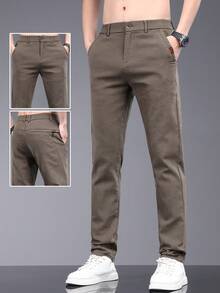 男士新款斜口袋字母刺绣直筒休闲裤，绅士轻薄商务锥形裤，修身时尚百搭，适合老公男朋友朋友聚会朋友聚会 - 咖啡棕 - 查看 1
