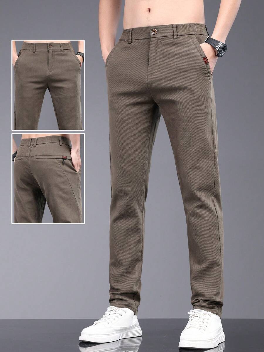 男士新款斜口袋字母刺绣直筒休闲裤，绅士轻薄商务锥形裤，修身时尚百搭，适合老公男朋友朋友聚会朋友聚会 - 咖啡棕 - 查看 1
