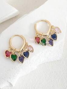 1 Pair Fashionable High-End Luxury Sparkling Elegant Sweet Versatile High-Quality Gold, Silver, Pink, Colorful, Peach, White Water Drop, Heart, Flower, Round Zirconia Hoop Earrings, Suitable For Women's Daily Wear, Weddings, Galas, Parties, Dance Floors, Gifts For Friends - 多彩愛心 - 查看 5