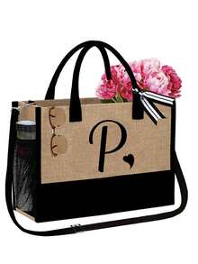 两件套女士沙滩手提包，配有可拆卸肩带，可定制A-Z字母，超大容量。肩带可根据个人喜好拆卸，包含化妆包和拉链小袋，可存放洗漱用品、零钱或文具。 - 彩色 - 查看 64