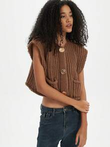 Women's Solid Color Knitted Pocket Decor Thick Knit Vest - Brown - View 4