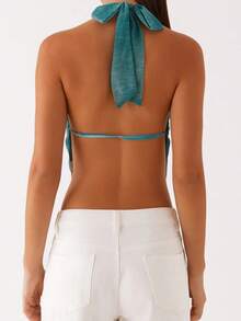 Women's Summer Halter Tank Tops Contrast Color Sleeveless Cutout Front Backless Cropped Vest For Party - 藍色 - 查看 6