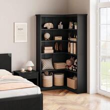72.8in L Shaped Corner Bookshelf,Farmhouse Wooden 5 Tier Tall Storage Display Rack For Living Room Bedroom - 黑色 - 查看 5