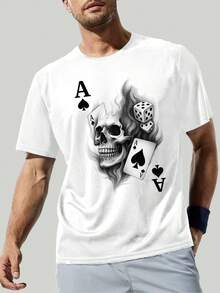 男士休闲图案 T 恤，万圣节趣味印花，时尚图案，针织面料短袖，常规圆领