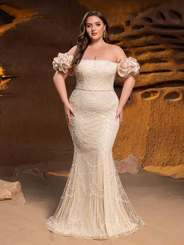 Faeriesty Haute Glamour Elegant Off-Shoulder Short Sleeve Mermaid Hem Plus Size Formal Evening Gown – Perfect For Weddings, Galas, Black-Tie Events, Award Ceremonies, And Luxury Banquets