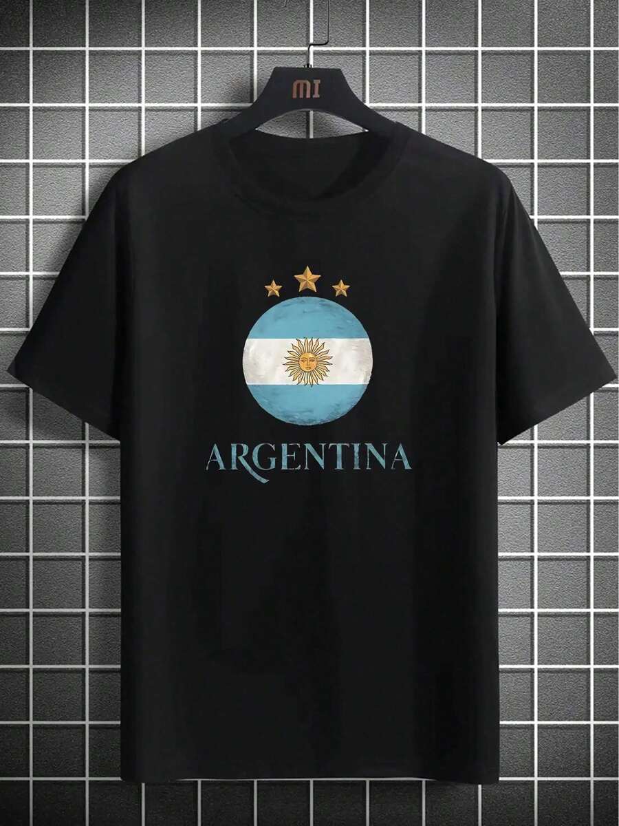 Men's Argentina Flag Print T-Shirt - Casual & Comfortable Crew Neck Tee For Summer, Lightweight Polyester, Machine Washable, Short Sleeve, Fashion