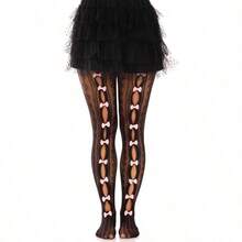 Womens Sweetheart Striped Net Tights With Keyhole And Mini Bow Detail - màu đen - Xem 3