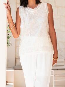 Women's Summer Shiny Sequins Vest Sleeveless Round Neck Fashionable Party Tank Tops - White - View 2