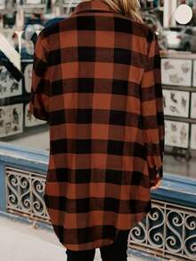 大码女式格子纽扣口袋长袖休闲衬衫 - 棕色 - 查看 4