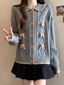 Cárdigan de mujer de longitud regular, con patrón de punto de cable, manga larga, ribete rosa, cierre con botones - Gris - Ver 4