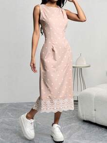 Vestido casual bordado floral elegante corte regular cuello redondo sin mangas verano para fiesta - Caqui - Ver 2