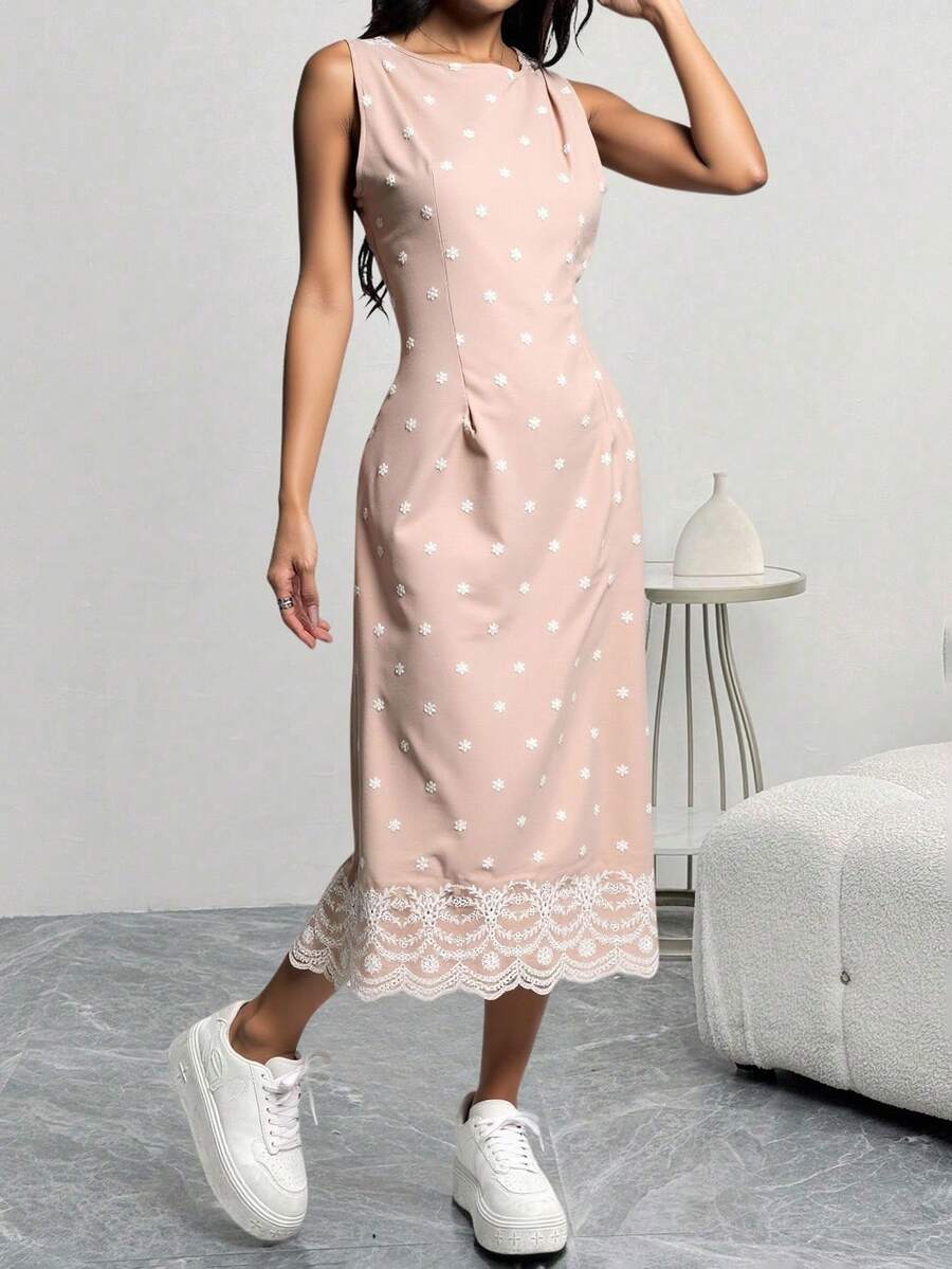 Vestido casual bordado floral elegante corte regular cuello redondo sin mangas verano para fiesta