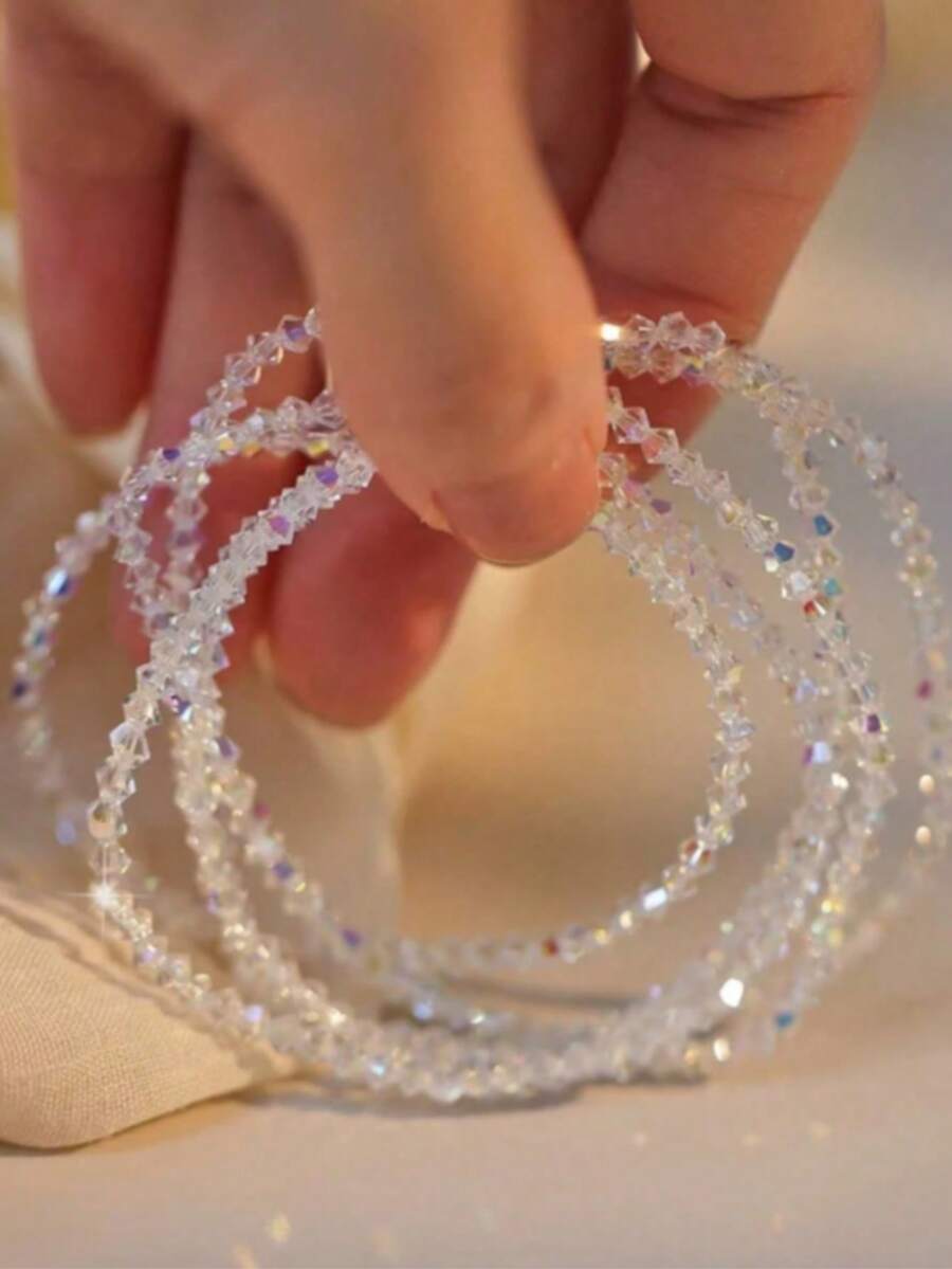4pcs Sparkling Faceted Glass Beaded Bracelet Set, Elegant Elastic Cord Beaded Bracelet For Women, Lovely Gift - Colorful - View 1