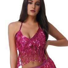 Traje de disfraz con lentejuelas y flecos, traje de danza del vientre con lentejuelas, traje de cantante sin espalda para bares y calles - Multicolor - Ver 3