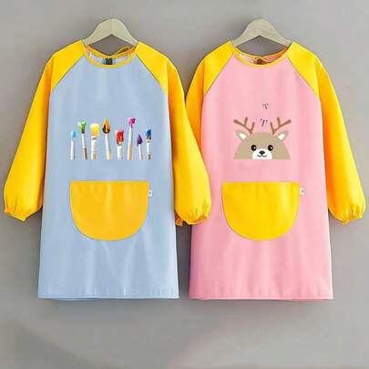1pc Cartoon Painting Smock, Personalized Cute Student Anti-Dust Colorblock Long Sleeve Apron, Random Color Collar