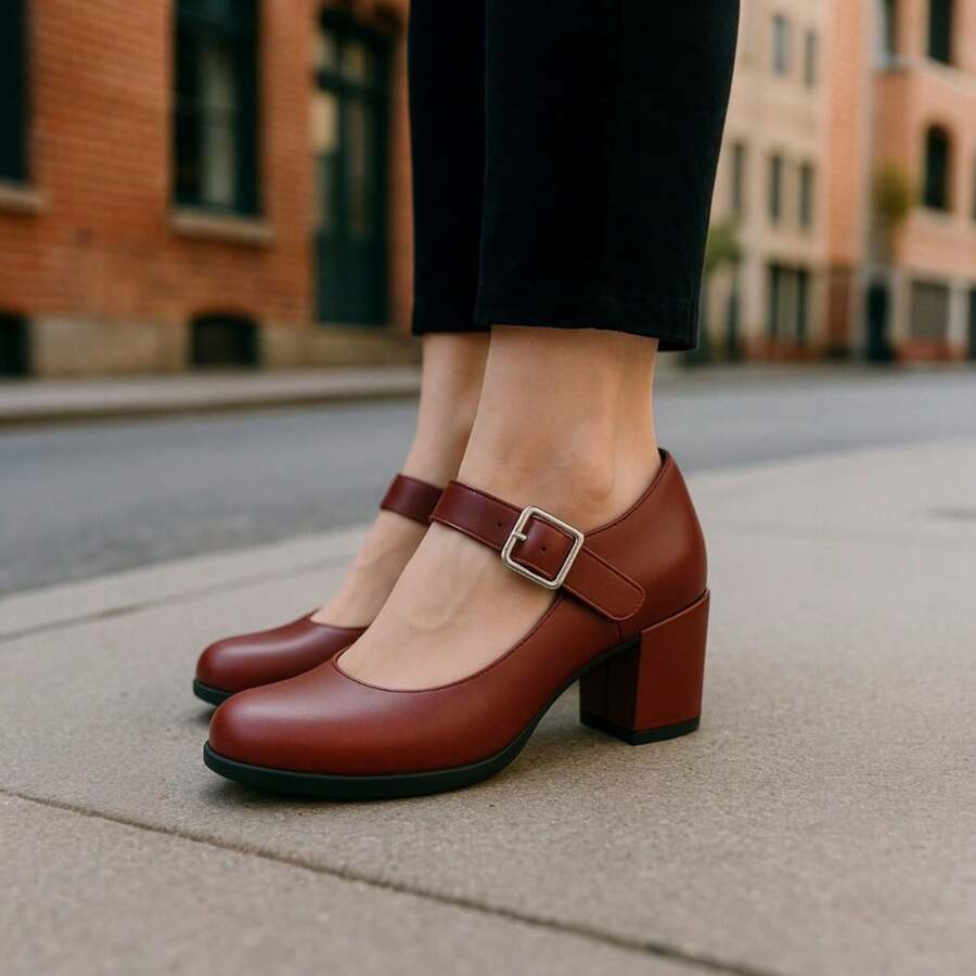 Women's Doll Shoes Red Marsala With Buckle Closure And Block Heel Women's Mary Janes Style Thick Heel - 紅木色 - 查看 1