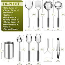 E-Far Cooking Utensils Set, 10-Piece Stainless Steel Kitchen Utensils With Holder, Metal Heat Resistant Kitchen Cookware Tool Spatula Set For Cooking, Easy Clean & Dishwasher