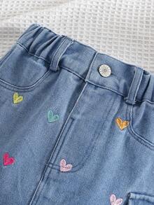 女童不对称爱心刺绣水洗牛仔工装裙 - 藍色 - 查看 9