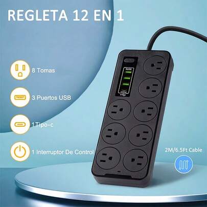 8-Port Multi-Plug with 3 USB Ports, 1 Type-C, 2-Meter Cable
