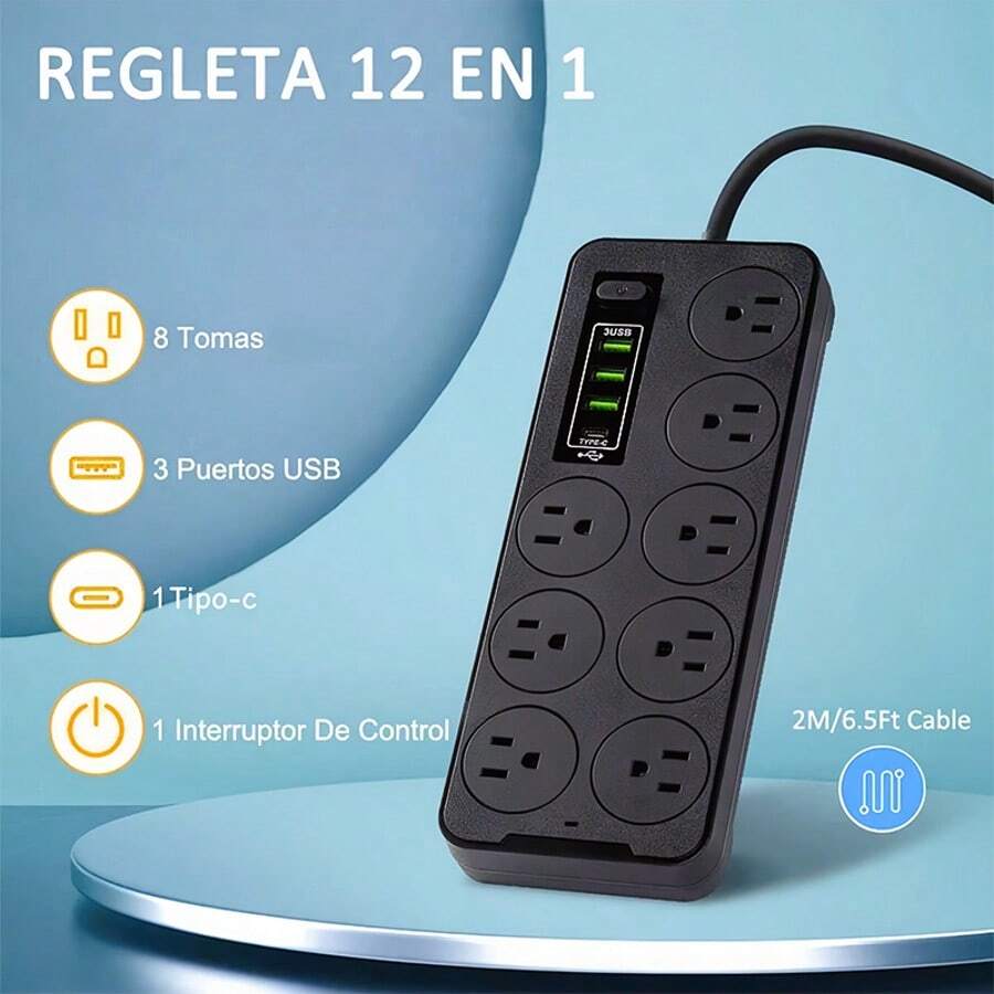 8-Port Multi-Plug With 3 USB Ports, 1 Type-C, 2-Meter Cable - US A Type Plug(110-127V) - View 1