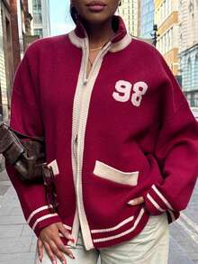 GLOpass Women's Autumn/Winter Striped Contrast Color Double-Zipper Cardigan Sweater, Youthful Knitted Baseball Jacket, Long Sleeve Casual Loose Fit College Style Top With Pockets