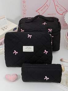 Bolsa de cosméticos con patrón de lazo bordado en rosa, bolsa de almacenamiento de cosméticos acolchada de espuma, bolsas de maquillaje de viaje lindas, bolsa de almacenamiento de artículos multifunción, bolsa de gran capacidad - Negro - Ver 4
