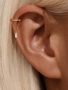 1pc S925 Sterling Silver Ear Cuff Earring, Hypoallergenic Ear Piercing Jewelry, Double Chain Design - Gold - View 7