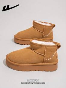 WARRIOR 1 Pair Women's Warm Thick Snow Boots, 2025 Autumn/Winter New Arrival, Tube Design, Thick Sole, Fashionable Short Tube Boots, Slip-On, Outdoor Winter Shoes - Camel 1863 - View 7