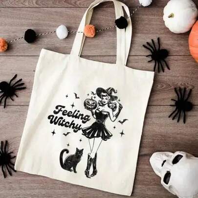 "Feeling Witchy" Vintage Halloween Witch Tote Bag: Retro Style, Large Capacity, Durable Canvas, Perfect For Outdoor Events, Parties, Travel, And Shopping