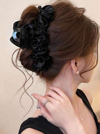 1 件装高端缎面褶皱大发爪夹，适合女士，适合厚发髻，秋季发饰，秋季发夹，时尚发夹，优雅发夹，适合冬季度假装女士